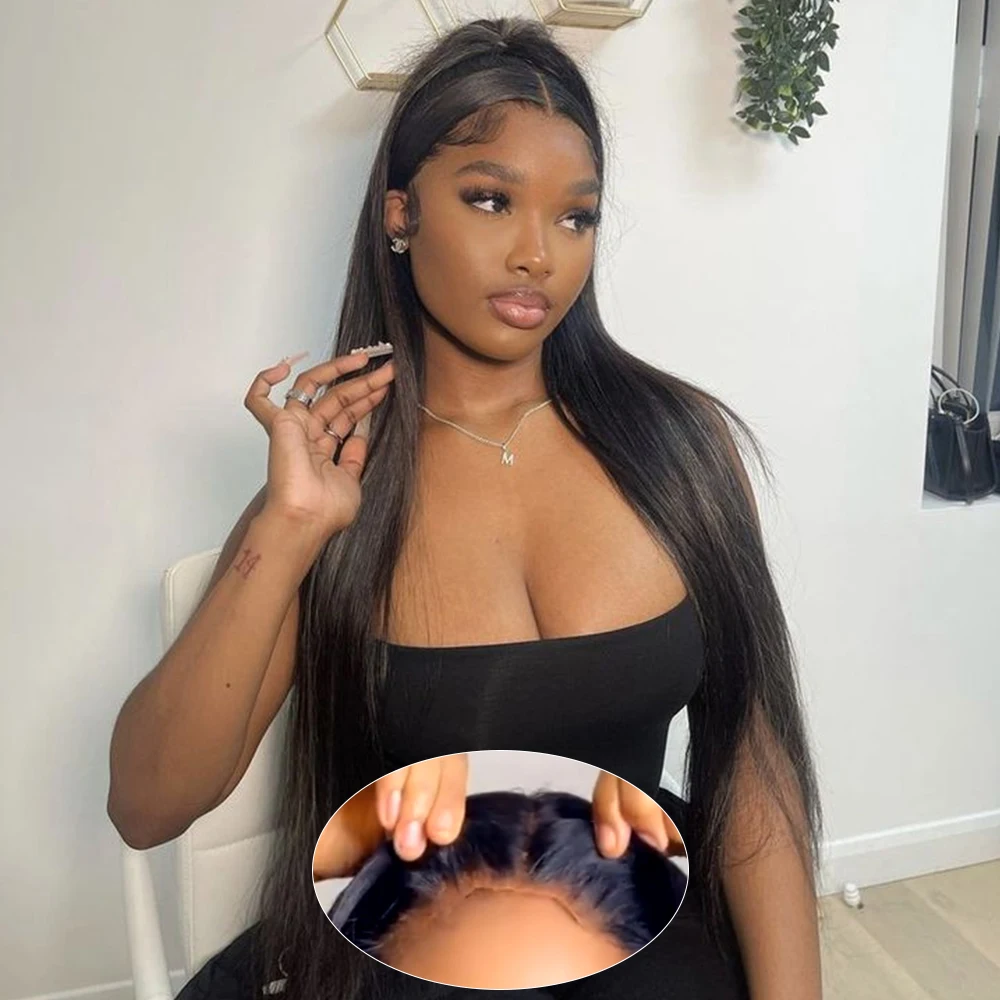 

Glueless Wigs Bone Straight Wear and Go Pre Plucked Pre Cut Human Hair Ready to Wear Lace Front Wigs Black 30 Inch Closure Wigs