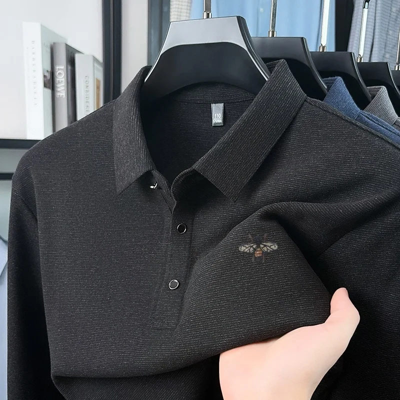 Luxury Quality Men's Embroidered Polo Shirt Wrinkle Resistant Lapel Solid Color Long Sleeved T-Shirt Fashion Commute Men's Wear