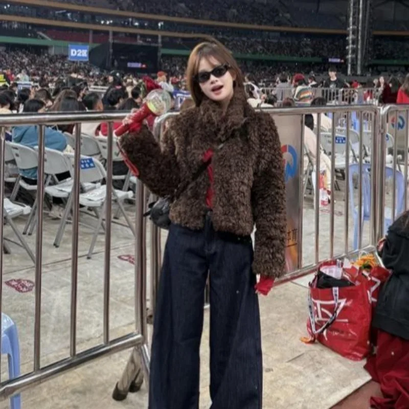 Casual Women Cropped Faux Lamb Fur Coat Lapel Thick Warm Short Jacket For Petite Autumn Winter