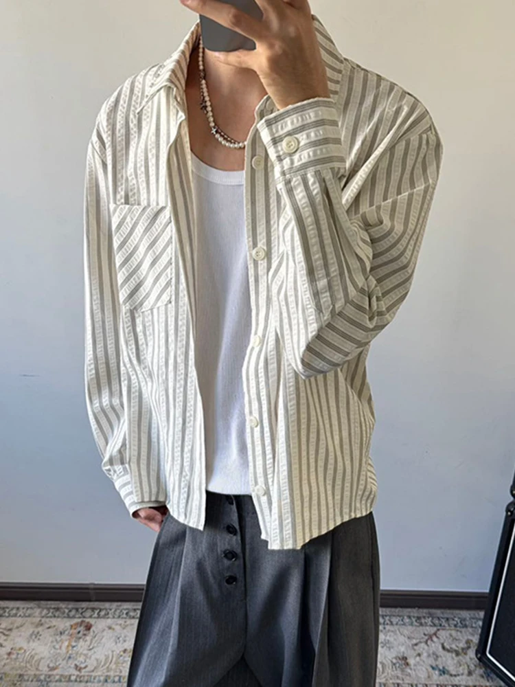 

Streetwear Mens Casual Shirts Spring Autumn Fashionable Button-up Lapel Striped Printing Shirt Men's Clothing Stylish Cardigans