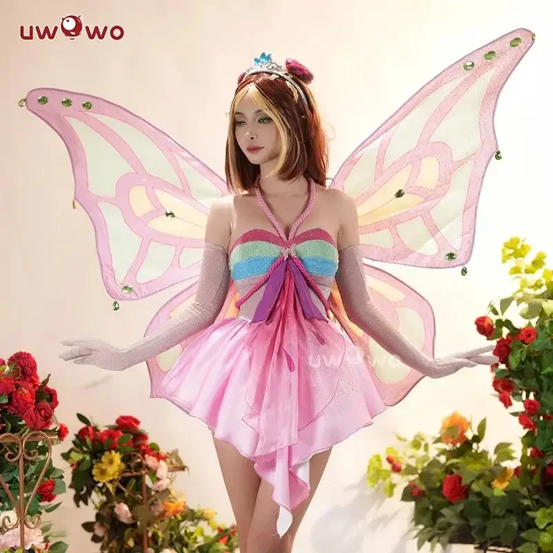 

В НАЛИЧИИ UWOWO Bloomm Enchantixx Flora Косплей Костюм Большие Крылья Феи Косплей Наряд Бабочка Фея Женское Крыло