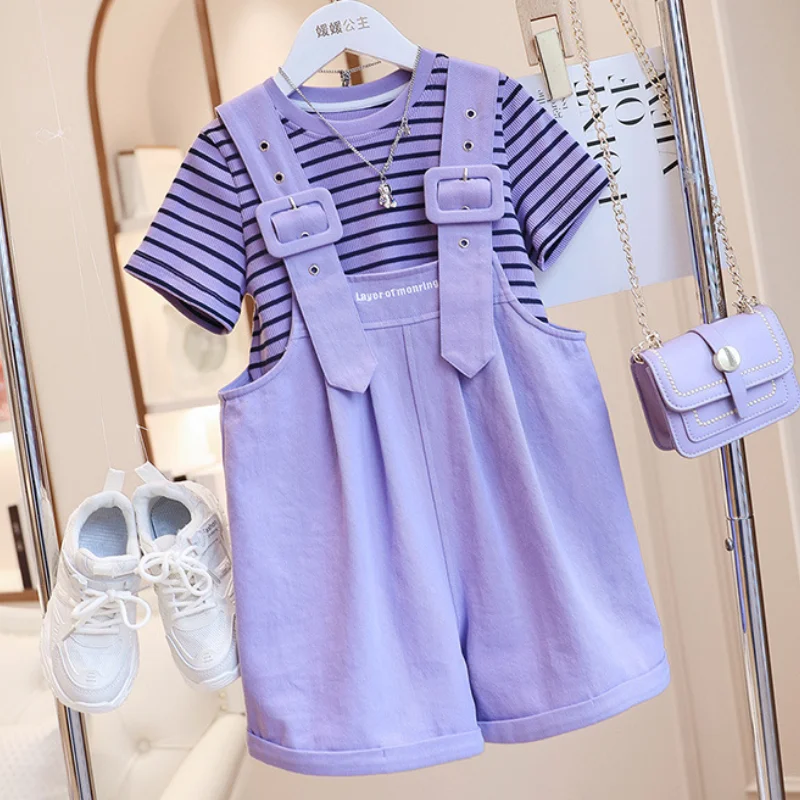 

Girls Summer New Fashion Sports Sweet and Cute Loose Striped Short Sleeved Backstrap Shorts Two Piece Set for 3-14 Years