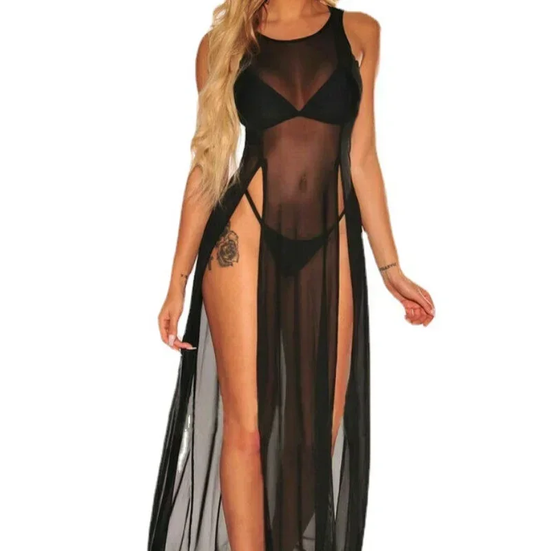 

Womens Sheer Lingerie Nightwear Black Babydoll Long Gown Black Sheer Swimsuit Scoop Neck Tank Maxi Dress See Through Blouse