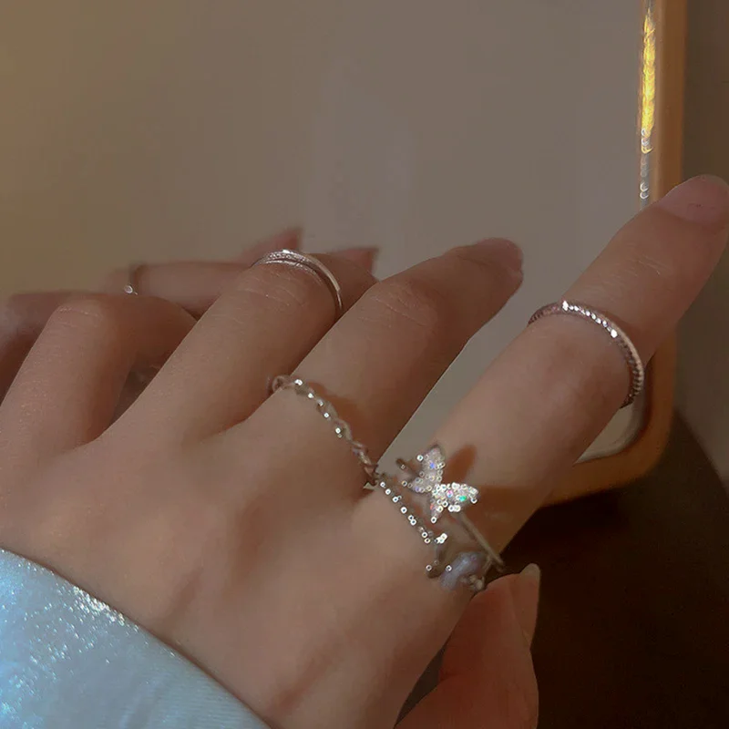 Plain Circle Butterfly Ring Set Silver Color Opening Adjustable Fashion Personalized Finger Ring For Women Trendy Jewelry 4PCS