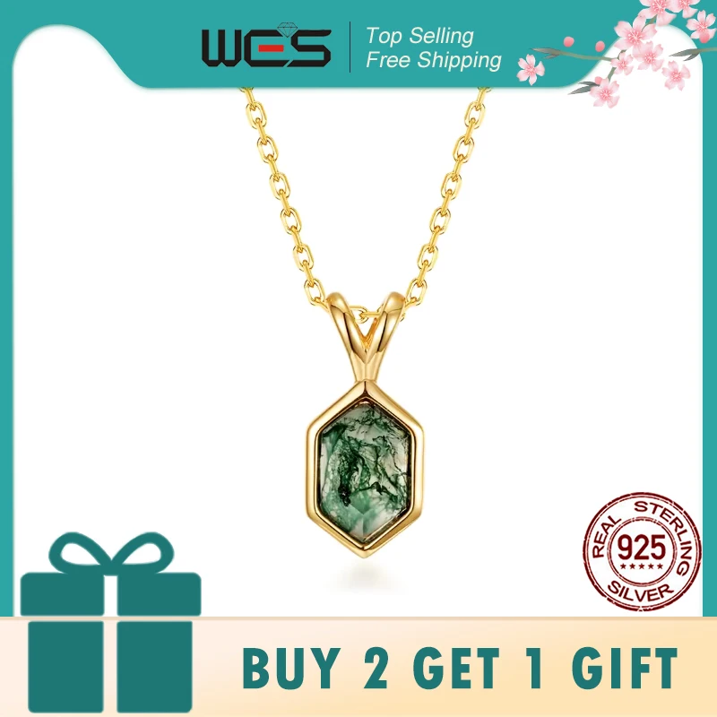 

WES Hexagon Natural Moss Agate Pendant Necklace For Women Geometric Gemstone Wedding Certified Fine Jewelry Lady Gifts Wholesale