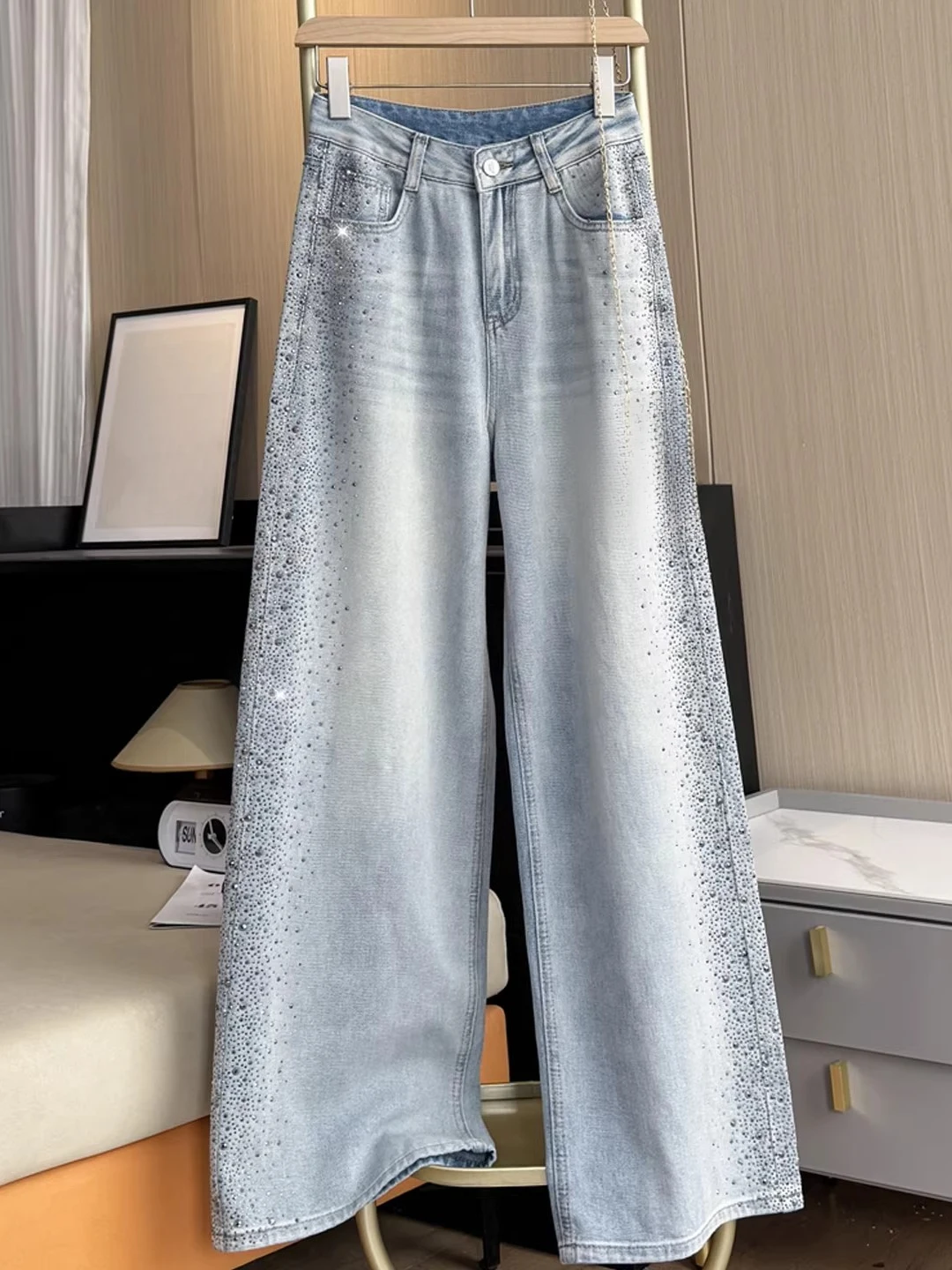 

Spring 2026 Women's Retro Glittering Heavy Du Denim Jeans High Waist Wide Leg Floor Length Casual Sle Blue Color