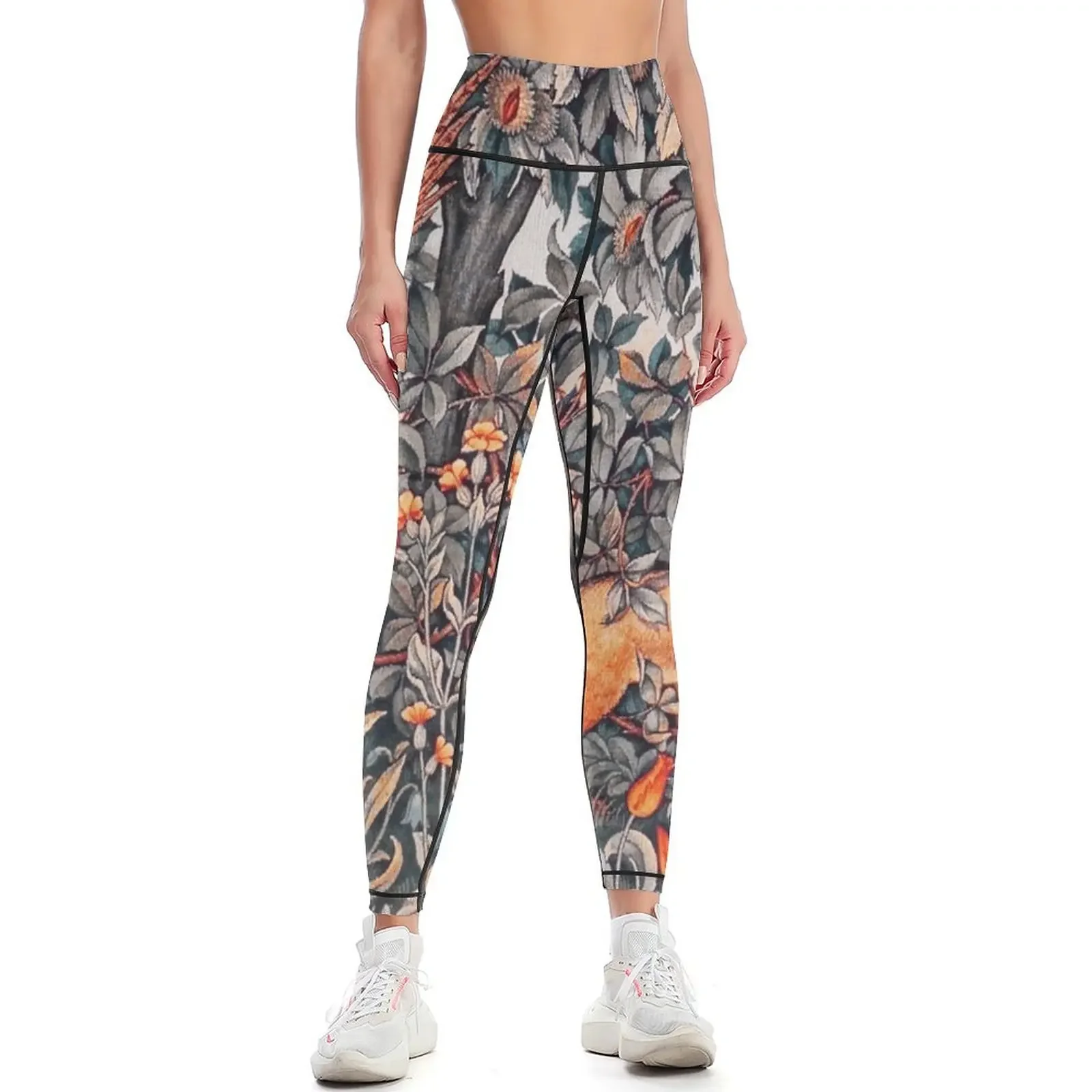 

GREENERY, FOREST ANIMALS Pheasant and Fox Red Black White Floral Tapestry Leggings sport pants Womens Leggings