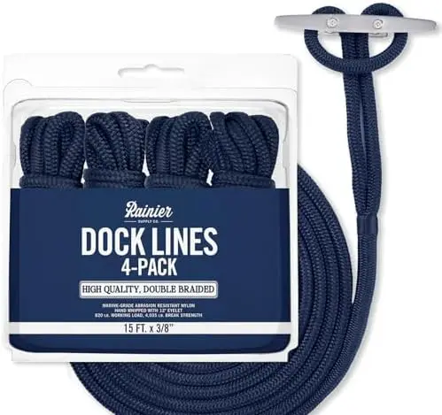 

RainierSupplyCo Premium Double Braided Nylon Dock Lines - 1, 2 & 4 Pack Marine Rope with Eyelet