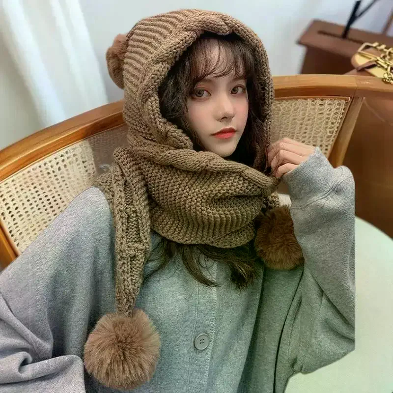 سميكة محبوك قبعة صوفية مقنعين وشاح قبعة حماية الأذن قبعات دافئة قبعة الشتاء ووشاح كومبو للنساء
