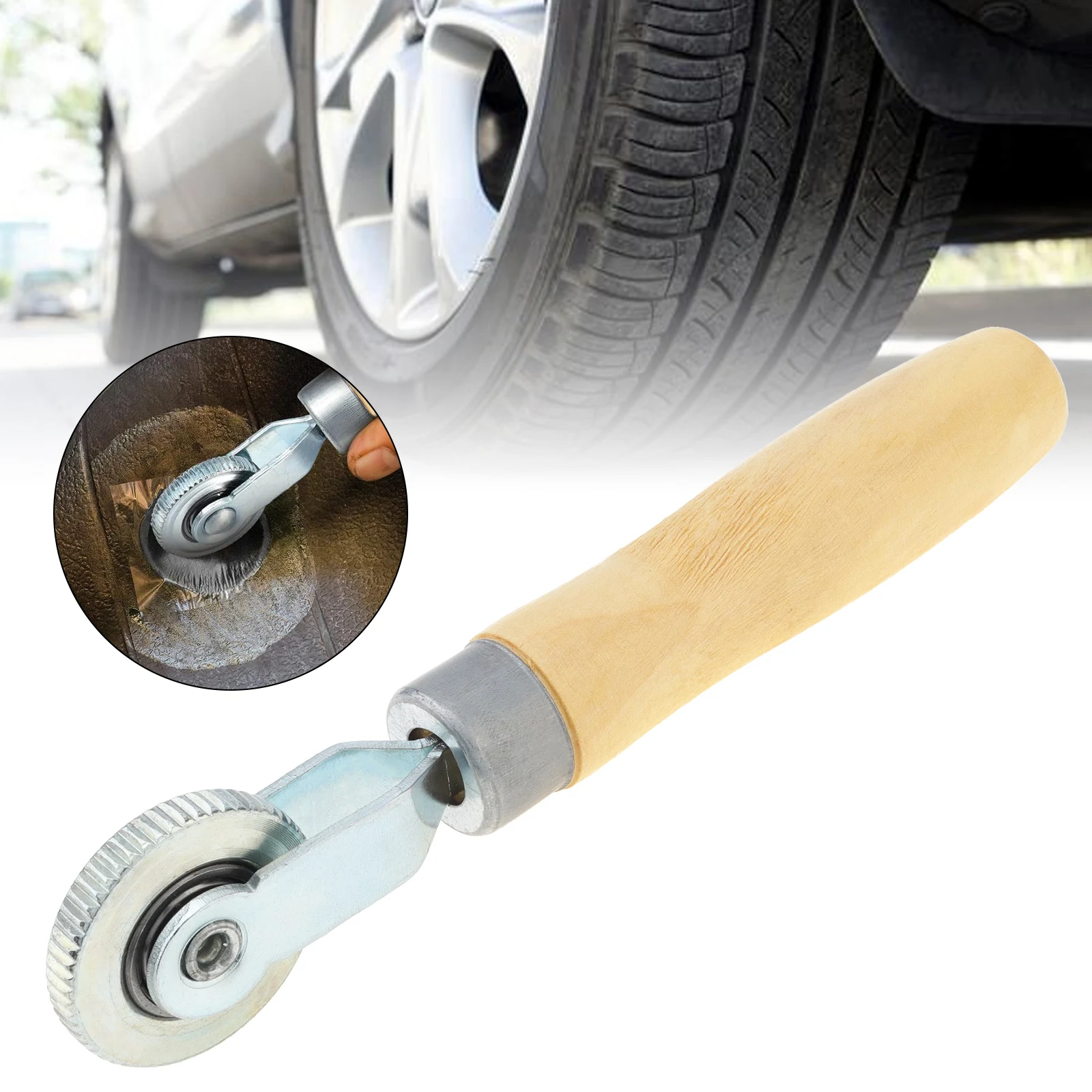 

6mm Steel Anti Slip Solid Wood Handle Car Tire Repair Tool Patch Roller for Automobile Bicycle 7.28 Inch Tyre Wheel Repair Tools