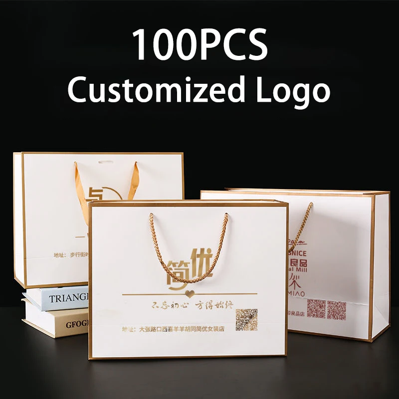 100Pcs/lot Custom Logo Personal Packaging Paper Bags Tote Bags with Handle Shopping Gift Bag For Business Print Logo Free Design