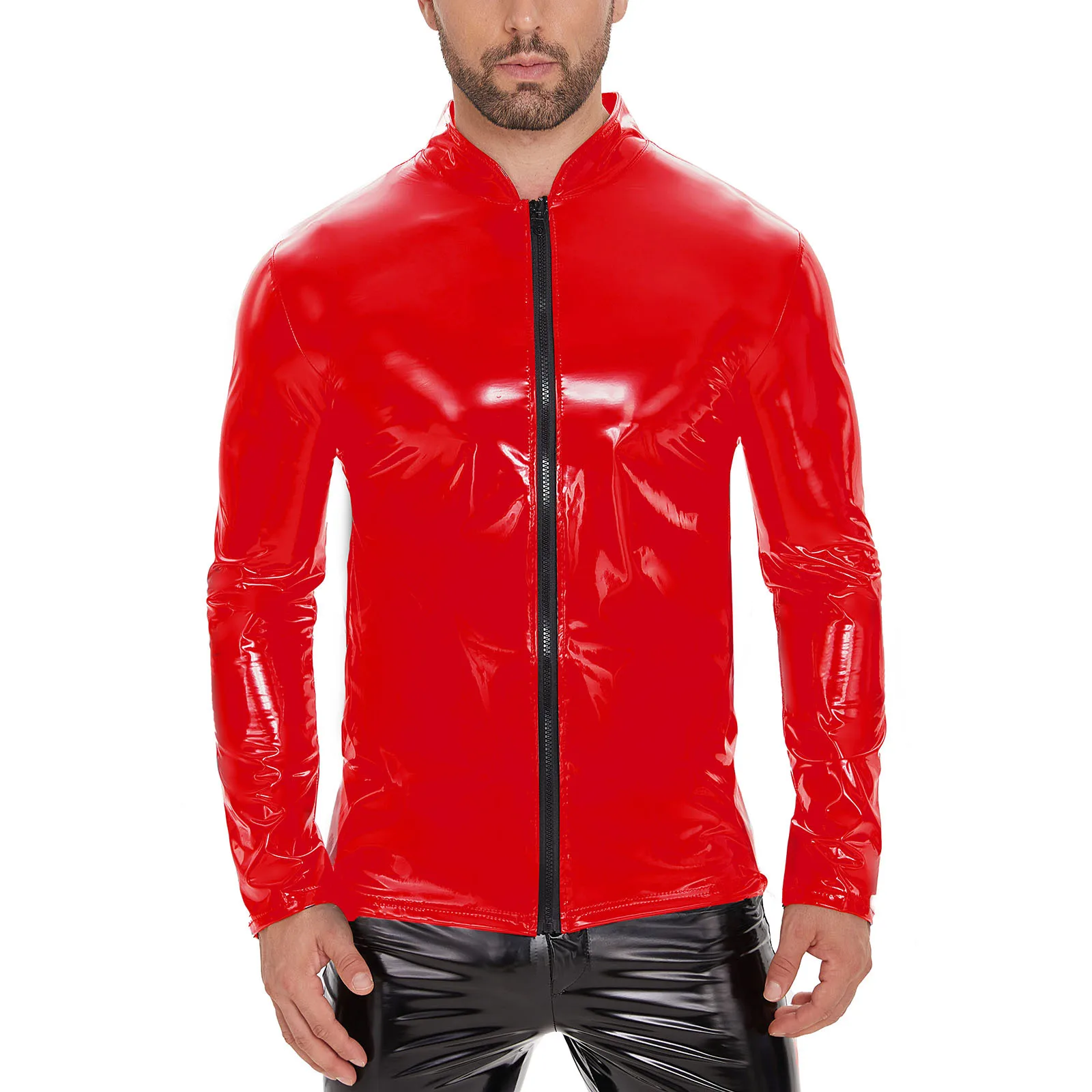 New 5-7XL Long Sleeve Faux Shiny Red Leather Wet Look PVC Mens Jackets Coats Tight Sexy Cosplay Windbreaker Moto T Shirt Tops