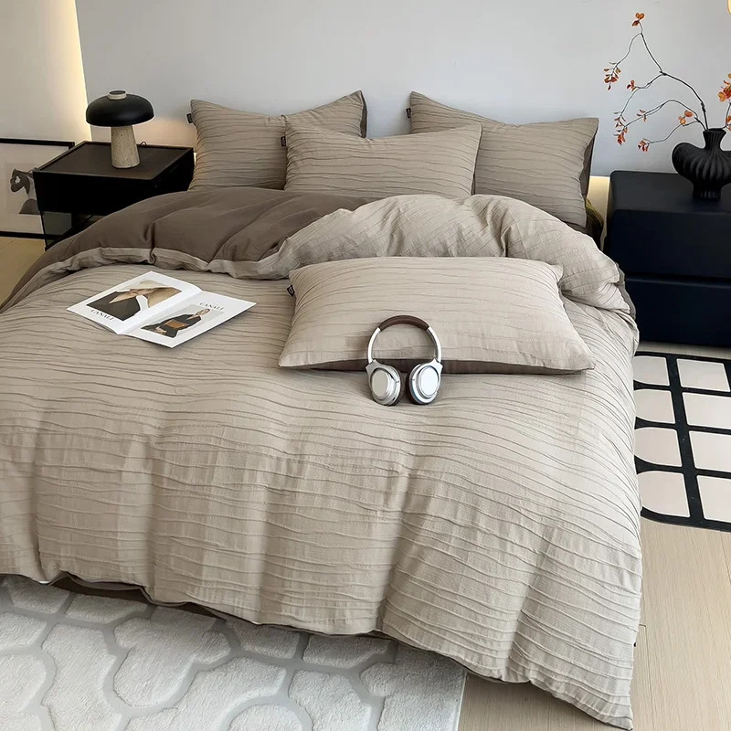 100% Cotton Washed Wrinkled Yarn Bedding Set Soft Skin-friendly Duvet Cover Set with Sheets Breathable Quilt Cover Pillowcases