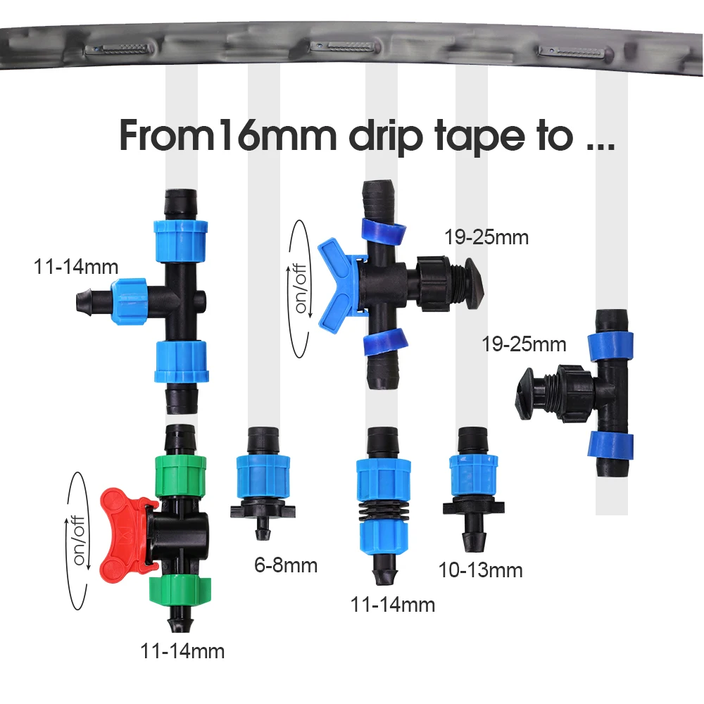 16MM taśma kroplująca złącze wody rura ogrodowa łącznik adapter blokada nawadnianie kropelkowe złączki do węży odciąć kolanko równe Tee Barb złącza