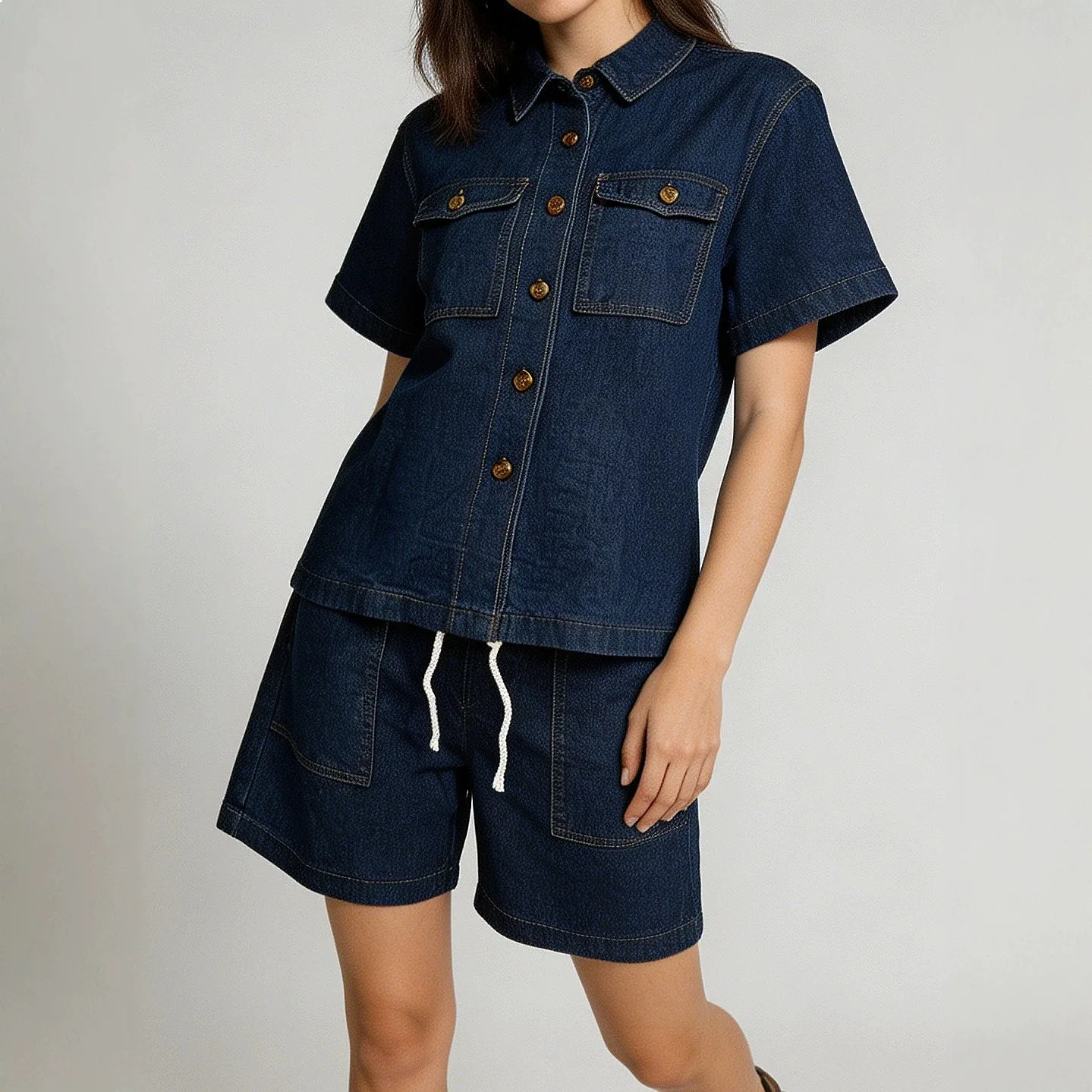 Women's Denim Matching Set: Retro Loose Casual Shirt & Pants, Turn-Down Collar, Elastic Waist, Pockets, Spring Summer Outfits