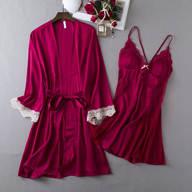 Summer Satin Kimono Bathrobe Gown 2PCS Sleep Set Bride Wedding Robe Suit Lingerie Women Lace Nightdress Sleepwear HomeWear