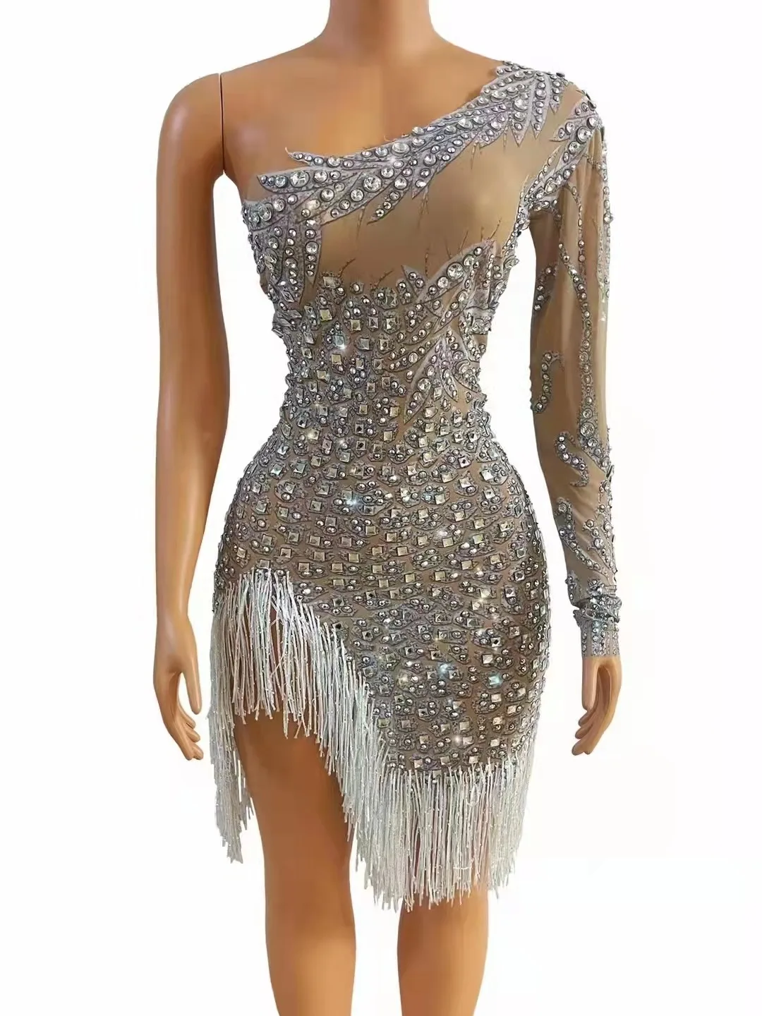 

Sexy Stage Silver Rhinestone Fringes Transparent Dress Tassel Latin Dance Dress Stage Performance Show Single Shoulder Costume