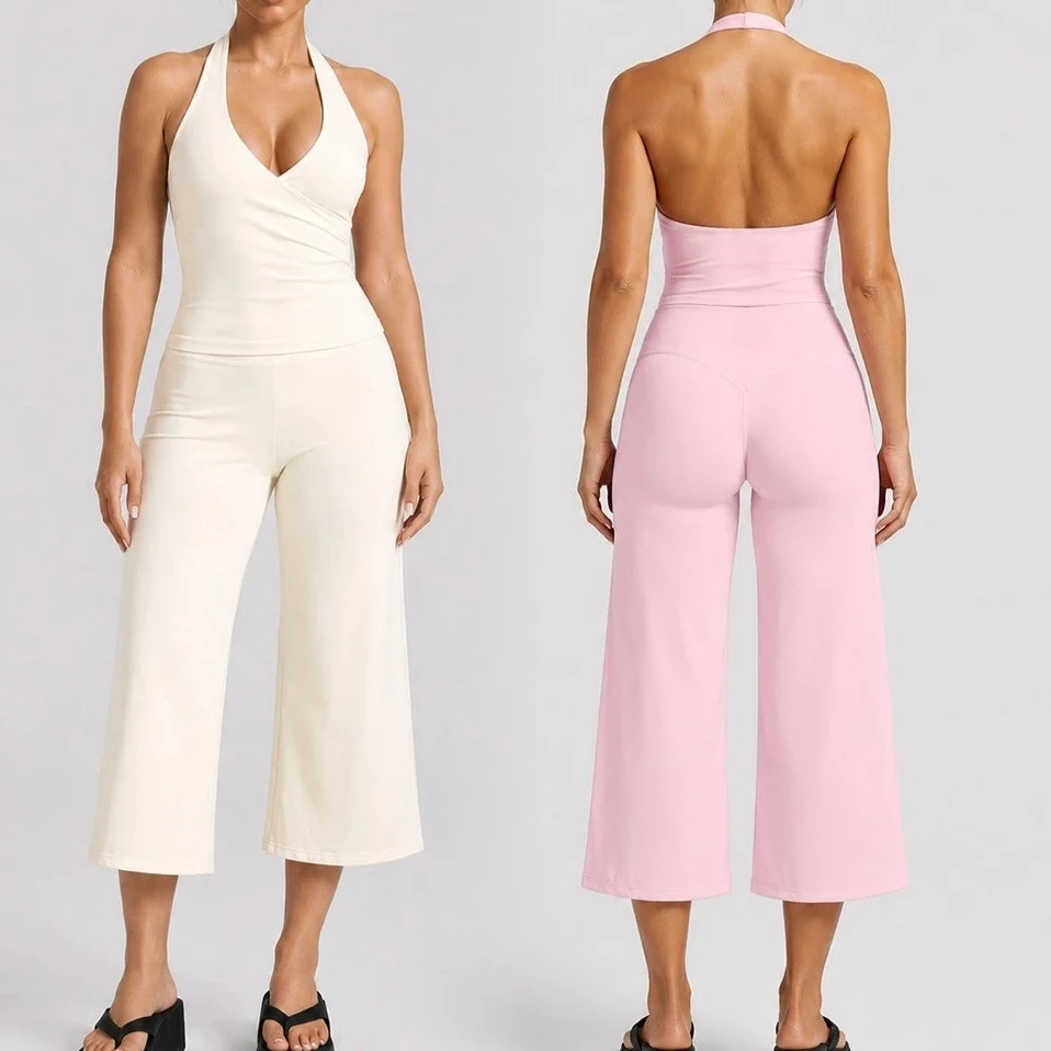 C-B Women Halter V Neck Wrap Tank Top High Waist Wide Leg Seven Length Yoga Capri Pants 2 Piece Stretch Workout Matching Set