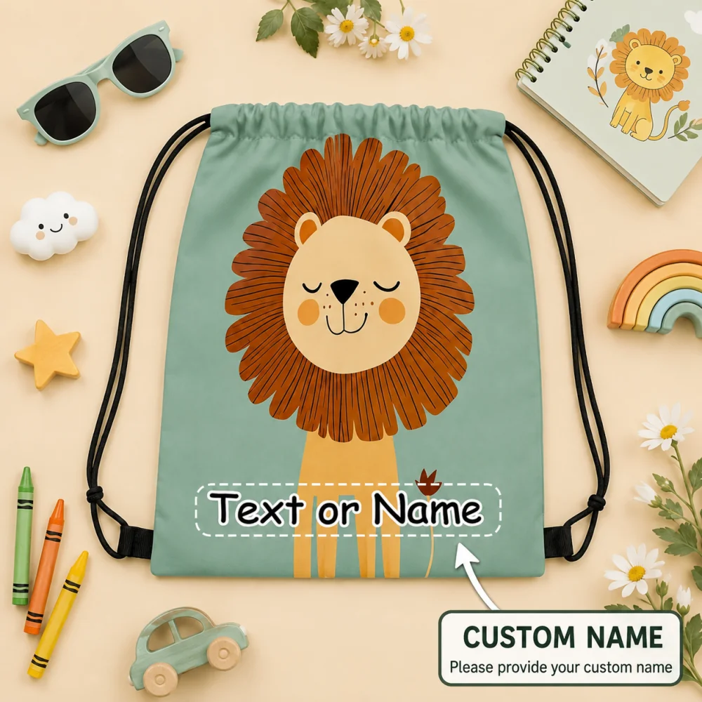 Custom Lion Print Drawstring Backpack, Personalized Name Text Drawstring Sack Bag, Sports Drawstring Bag, Portable Storage Sack