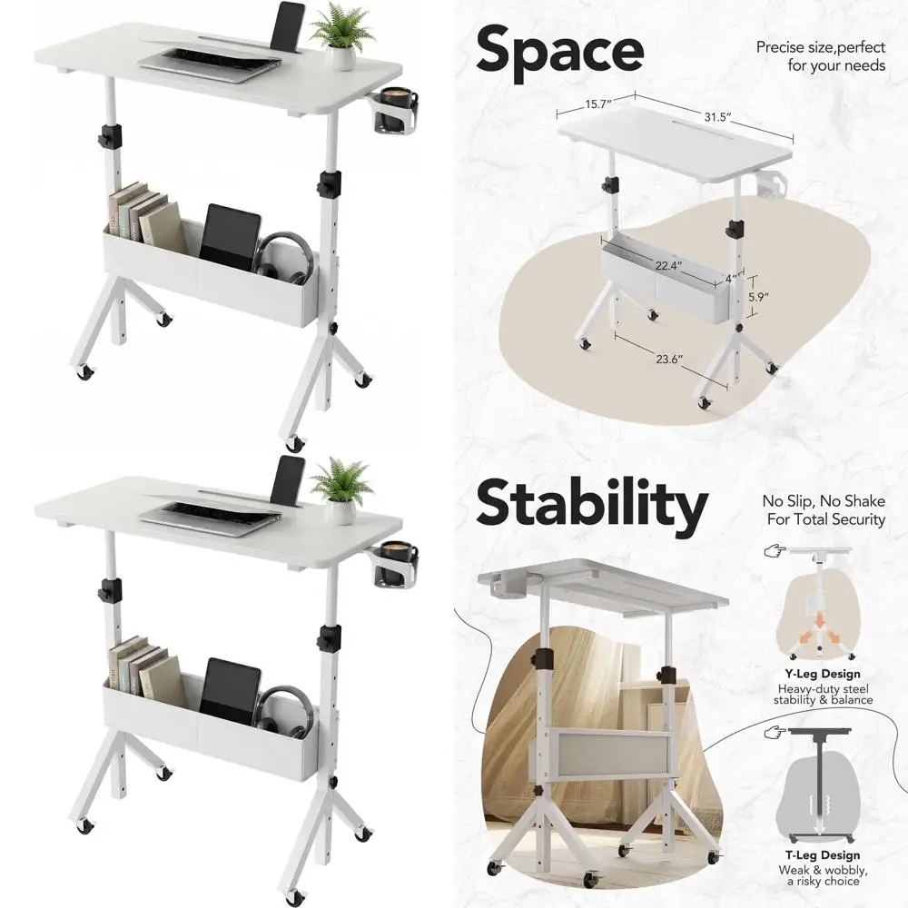 

Adjustable Height Standing Desk, Mobile Stand-Up Desk with Wheels, 31.5x15.75, 28.7-46.1 Range, White