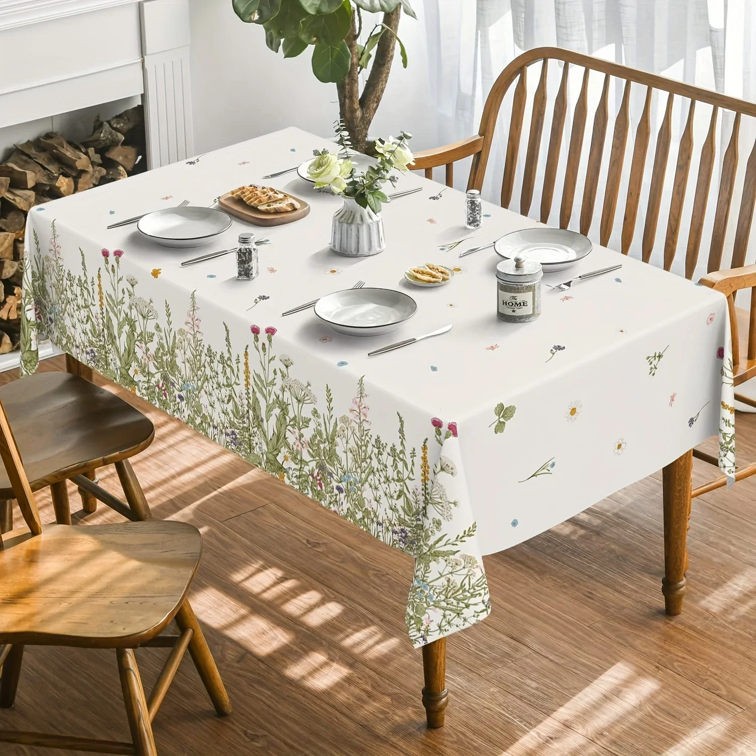 polyester vintage spring and summer floral tablecloth, fresh wildflower and wild grass polyester tablecloth, washable