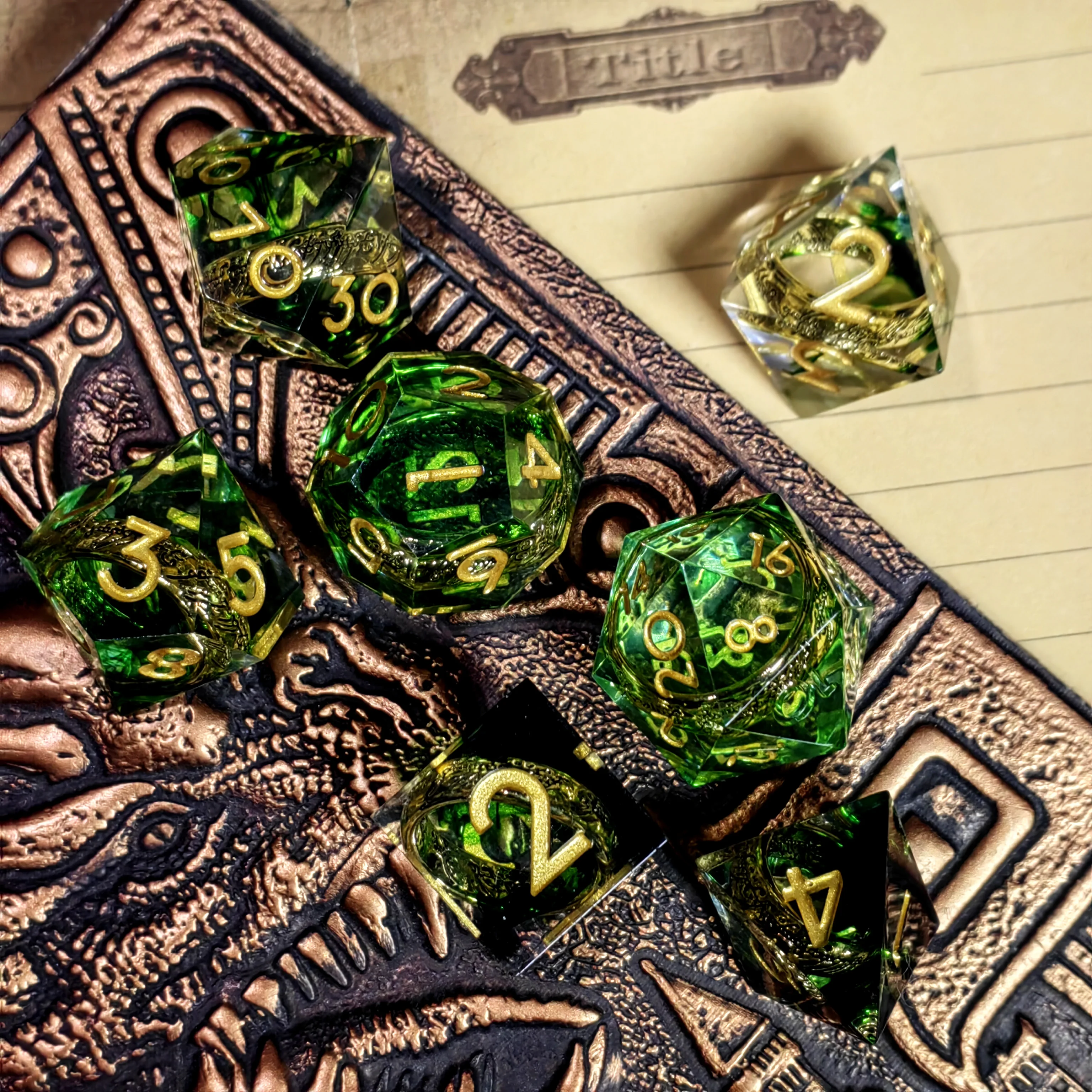 DnD Dice Set - 7pc Resin Polyhedral Dice with Dragon Ring Core, Emerald Green D&D Dice for RPG Games