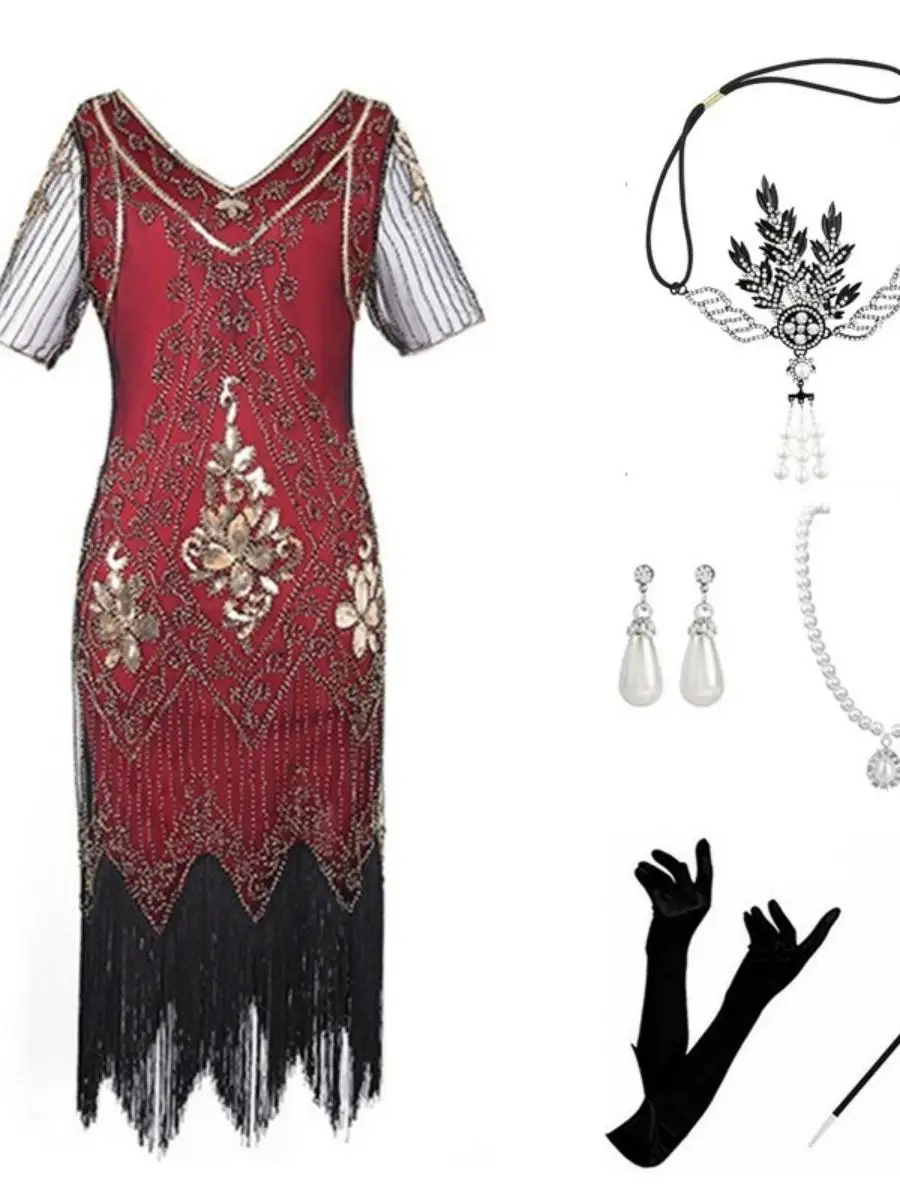 فستان مثير مزين بالترتر والشراشيب لحفلات الهالوين، زي غاتسبي بطراز عشرينيات القرن الماضي، فستان سهرة بأكمام قصيرة للمناسبات ا... #2