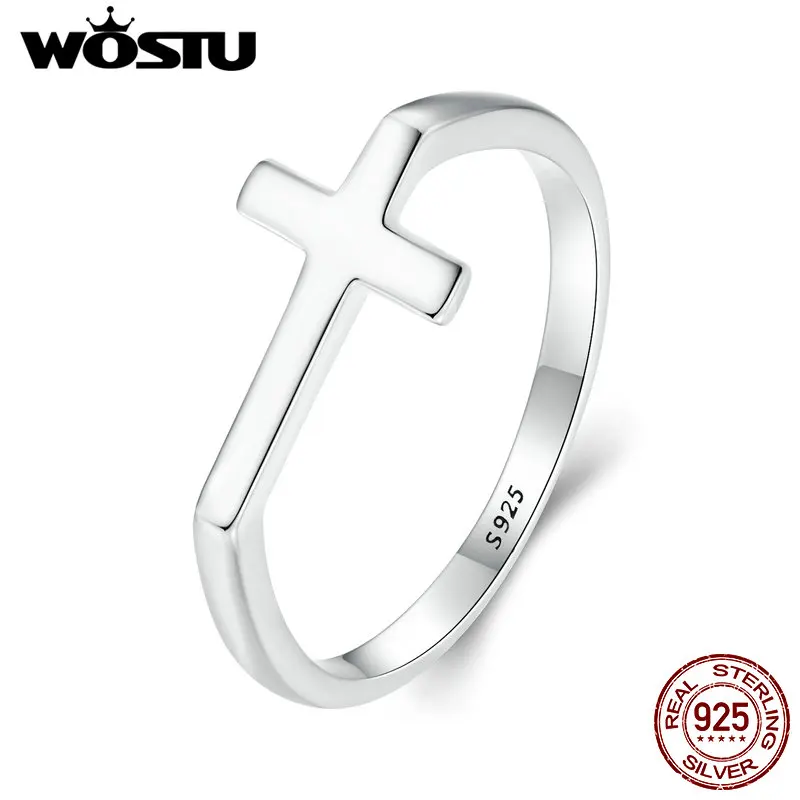 WOSTU Real 925 Sterling Silver Simple Cross Finger Ring for Women Daily Wear Guard Female Ring Jewelry Gift For Daugther Family