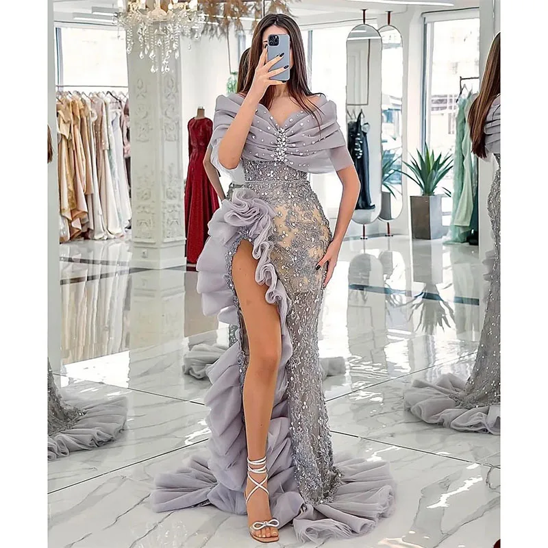 

Luxury Beading V Neck Mermaid Evening Dresses Elegant Off The Shoulder Prom Dress Ruched High Side Split Formal Party Gowns