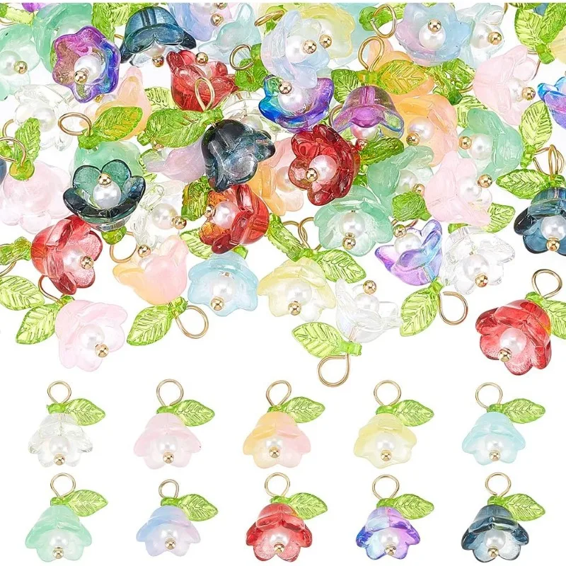 

60 Pcs 10 Colors Glass Flower Charms Colorful Crystal Flower Pendant with Pearl Clear Lampwork Floral Charms Trumpet Flower