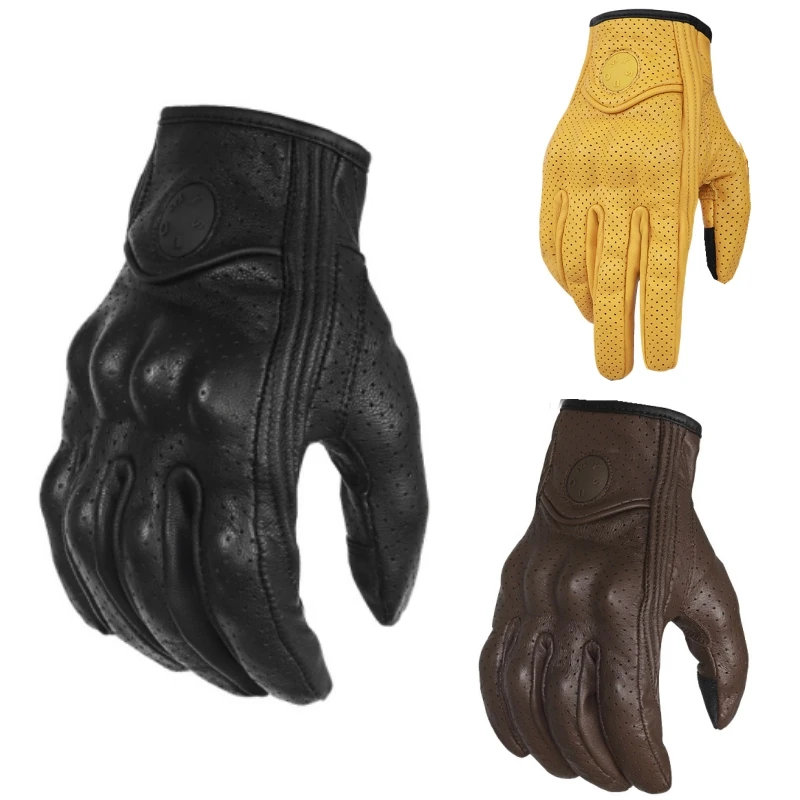 SUOMY Vintage Leather Motorcycle Gloves Perforated Breathable Touch Screen Motorbike Gloves Retro Motorcross Moto Biker Gloves