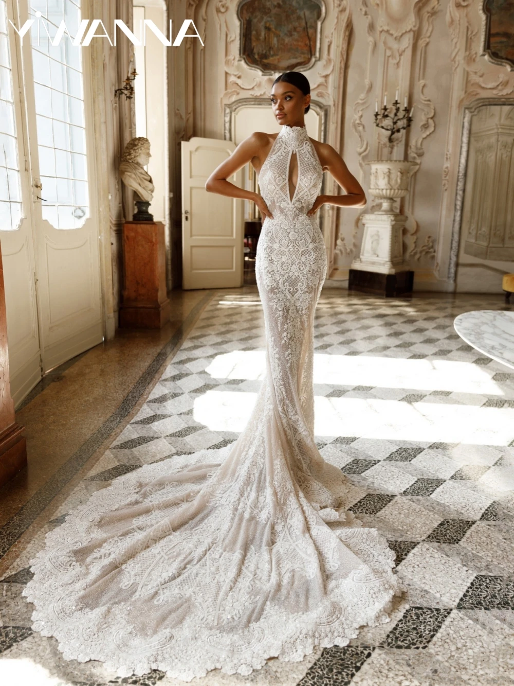

Ivory Beaded Lace Mermaid Long Wedding Dress Sexy Halter Backless Bridal Gown Customized Exquisite Illusion Dresses For Bride