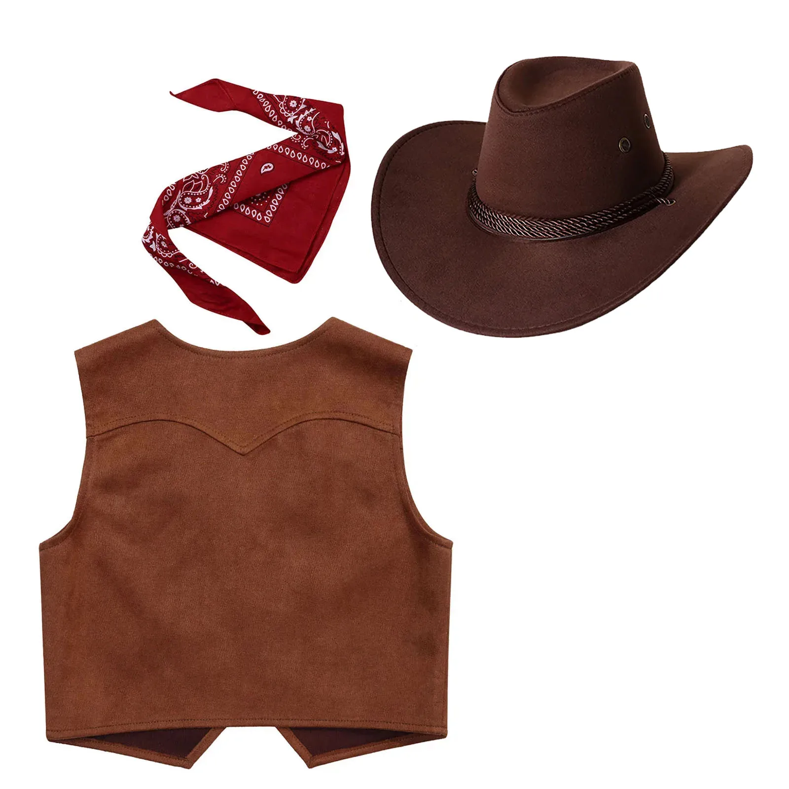 Kinder Cowboy Cowgirl Cosplay Outfit Halloween Flanell Kuh Print Weste Hut mit Kopftuch Set für Leistung Phantasie Party Dress Up