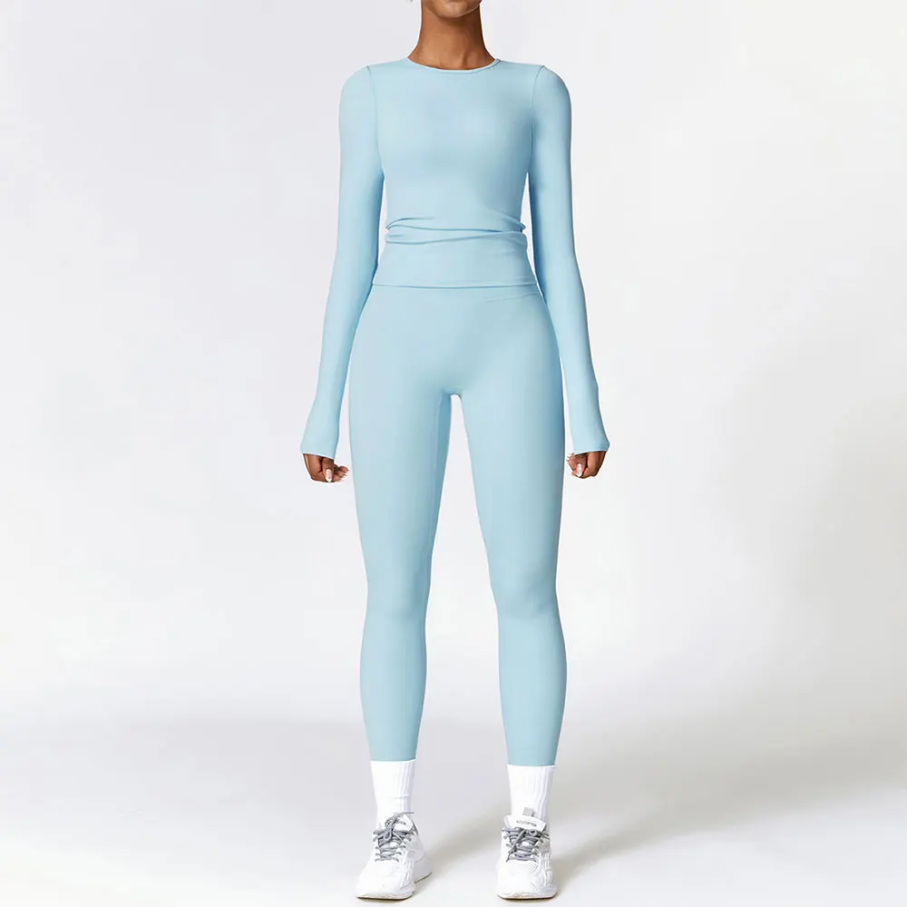 Ensemble de Yoga 2 pièces sans couture pour femmes, vêtements d'entraînement, vêtements de sport, Fitness, manches longues, haut court, Leggings taille haute, combinaisons de sport