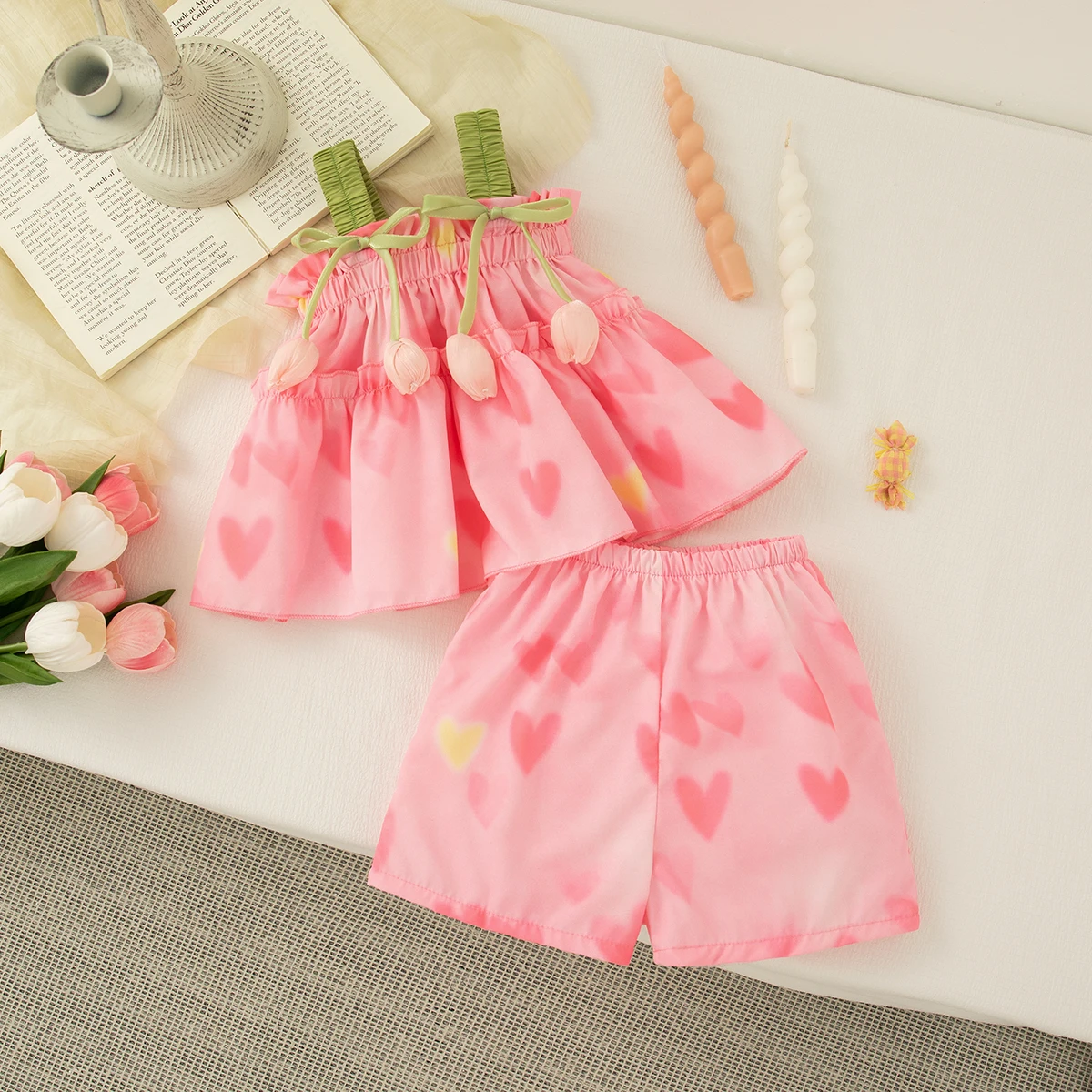 

Summer New Pink Love Print Baby Girl Two-Piece Set, Tulip Suspender Children'S Clothing (9 Months -4 Years Old)