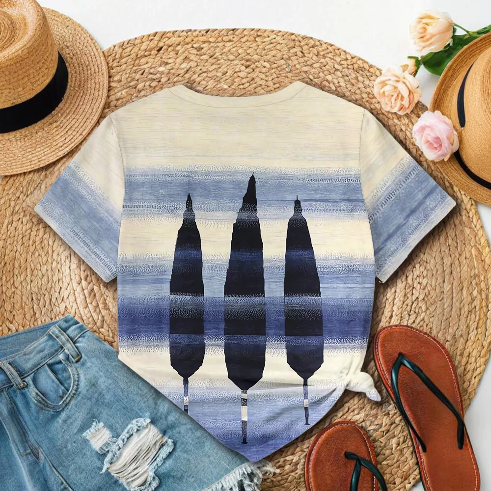 Niebiesko-biały gradientowy abstrakcyjny obraz damski T-shirt z okrągłym dekoltem, elegancki i hojny - nowy letni produkt casualowy na rok 2025