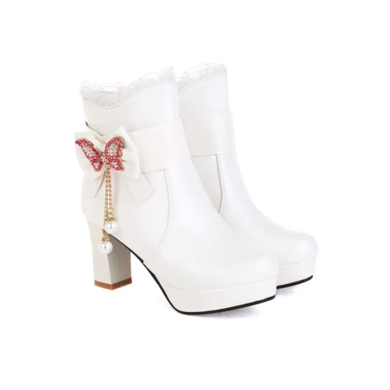 Size 29-43 Girls Boots Women High Heel Ankle Boots Fashion Round head Winter Zipper Boots Female Party Shoes Black White Pink