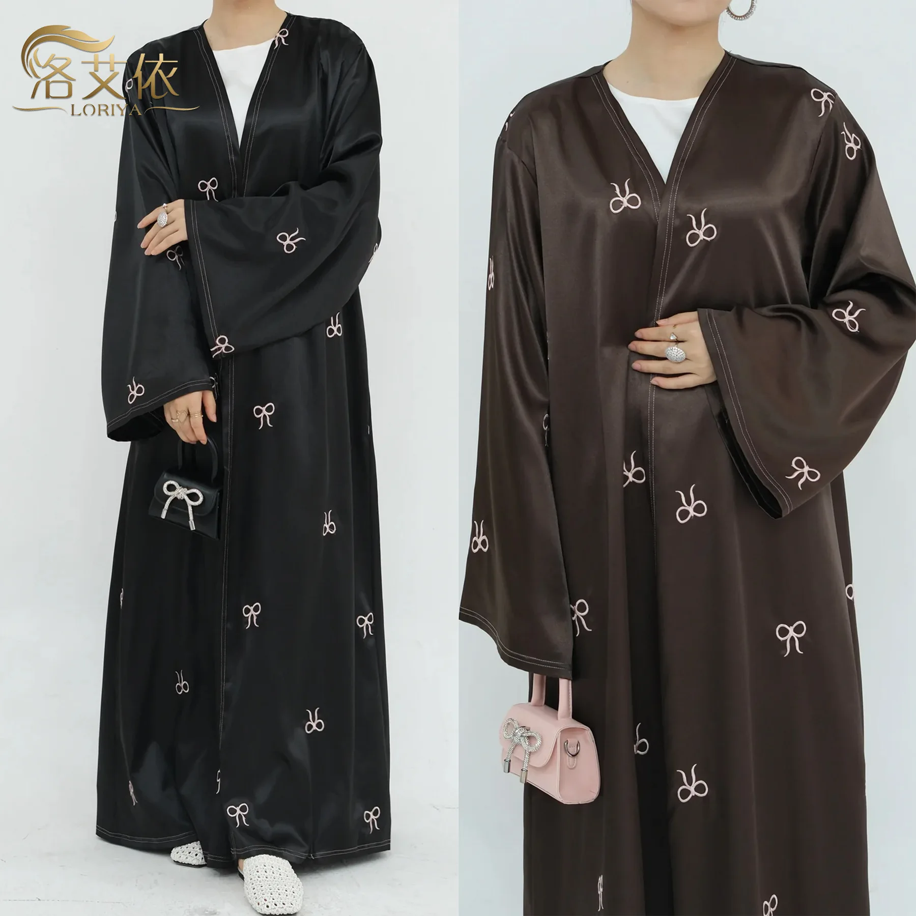 Muslim Fashion Abaya Islamic Clothing Satin Open Abayas Embroidery Bowknots Dubai Abaya Women Muslim Dress Cardigan Wholesale