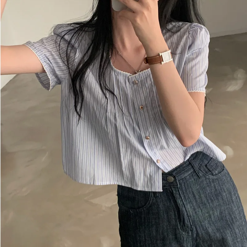 

Lace Patchwork Temperament Square Neck Bubble Sleeve Blue Striped Shirt For Women's Summer Korean Versatile Slim High Street Top