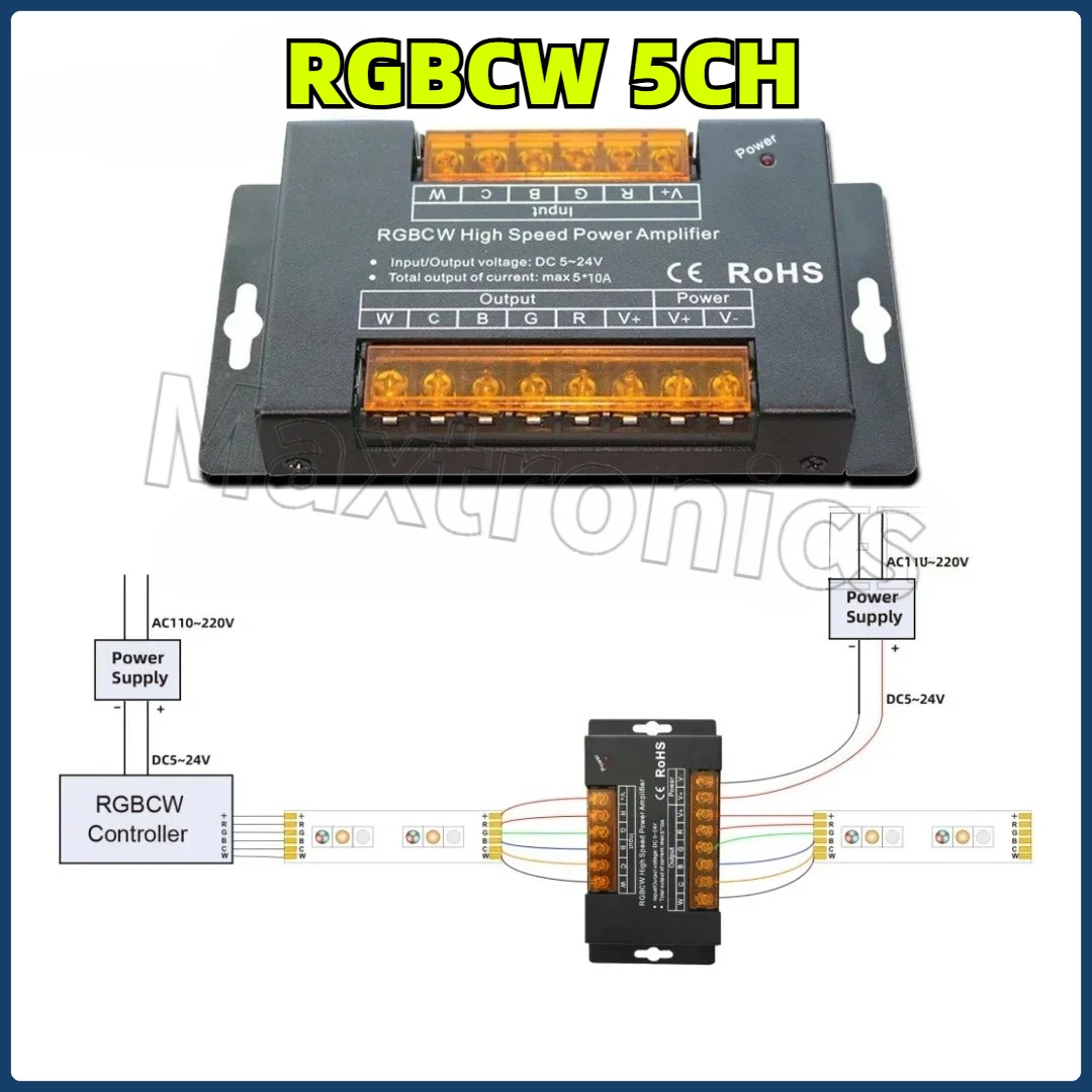 NEW RGBW/RGBCW High Speed Power Signal Amplifier 4/5Channels DC5/12/24V 40/50A Data Repeater for 5050 RGB+CCT LED Strip Lights
