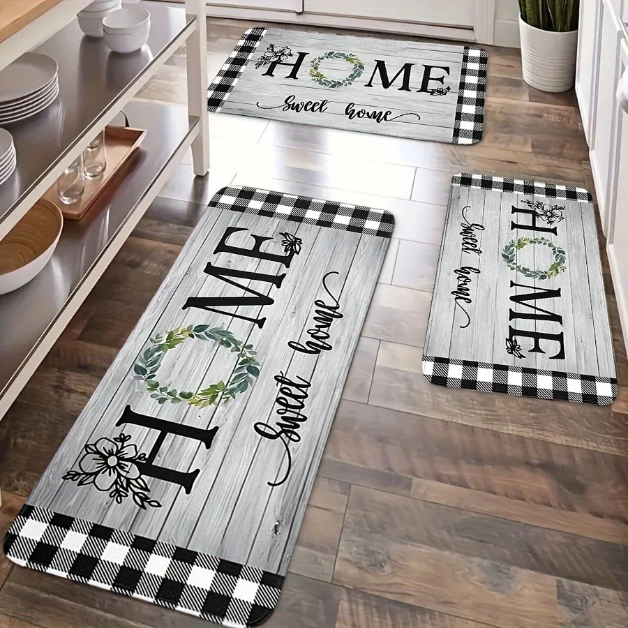 2/3pcs Flannel Farmhouse Kitchen Mat Set, Machine Washable, Polyester, Lightweight, Rectangular, Stripe/Plaid/Plaid Pattern, Standing Mat, Suitable for Spring and Summe