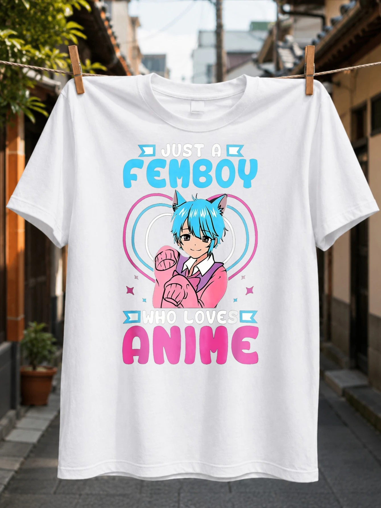 Just a Femboy Who Loves AnimeBlue Haired Cat Ear Character in Pink Neon Rings and Cute Sparkles Tee  Unisex All T-Shirt