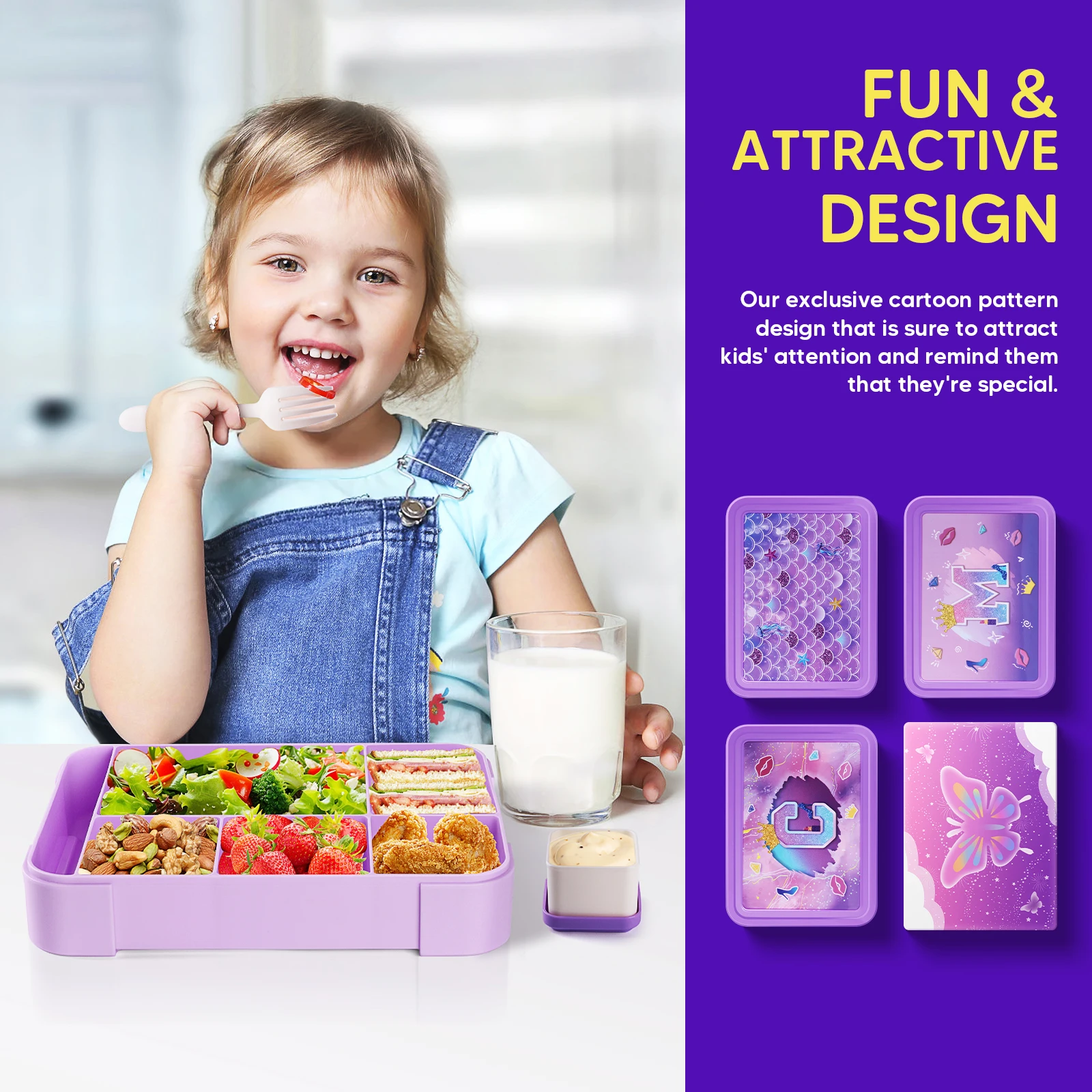 Kids Lunch Box for School Mermaid Prints Leak-Proof 6-Compartment Bento Box with Insulated Lunch Bag Microwave Safe Purple Pink