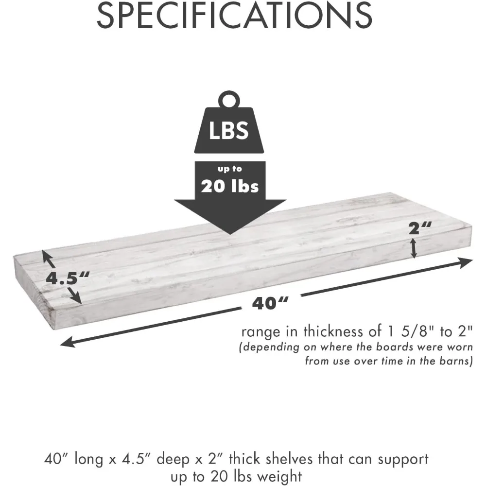 أرفف حائط عائمة من خشب البارنوود المستصلحة مع دعامات تثبيت متدفقة، مجموعة من 2، لمسة نهائية مغسولة باللون الأبيض، لديكور المنزل الريفي