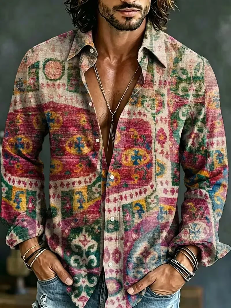 New men's Damascus retro rolled grass floral print long sleeved shirt with textured collar and travel top