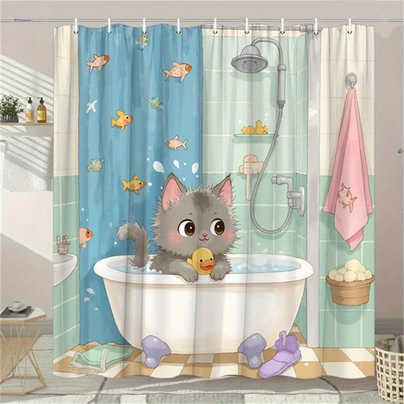 

Забавная шторка для душа с серым котом, желтой резиновой уткой и синим рыбным принтом, 12 крючков, декор для ванной, юмористический дизайн, подарок для любителей кошек