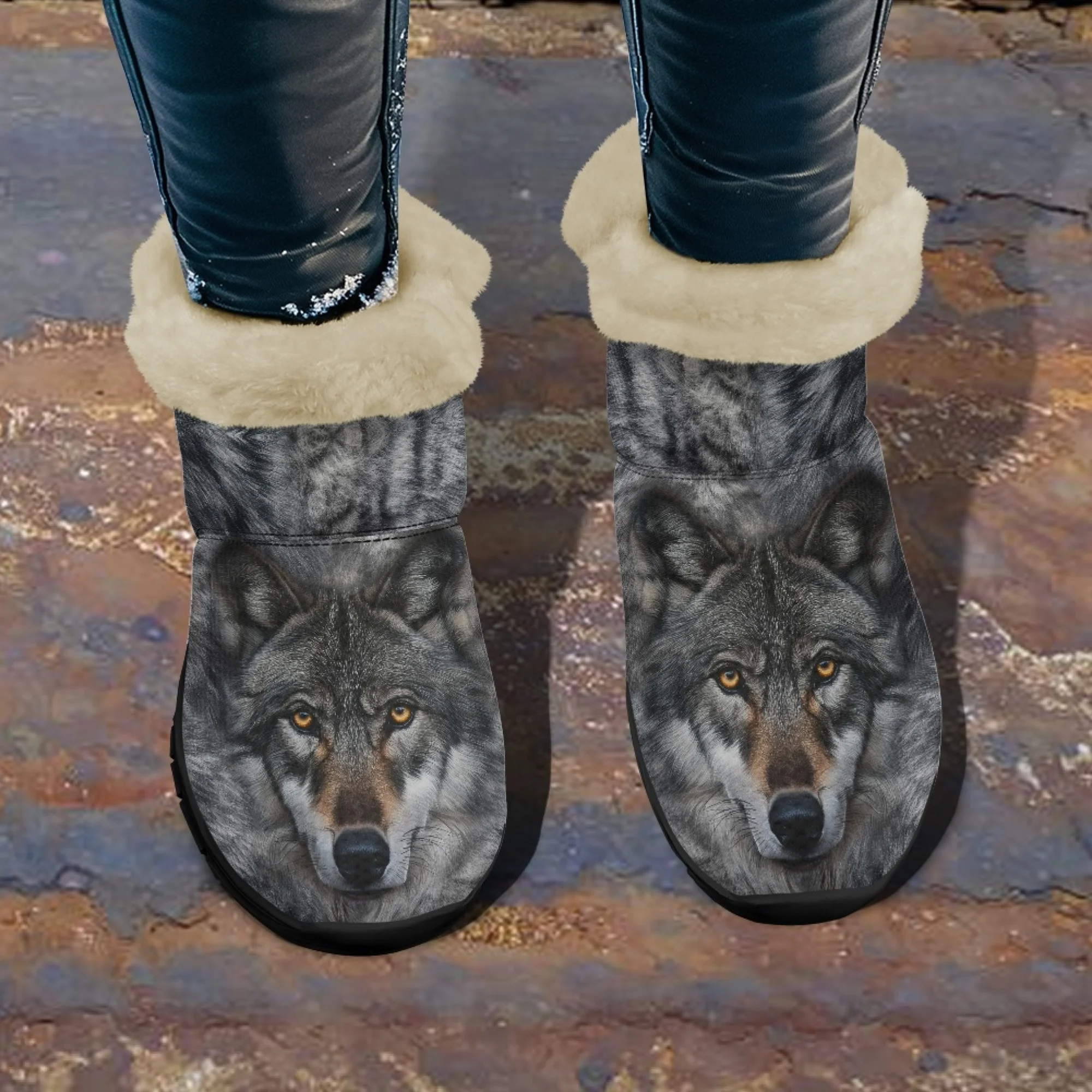 INSTANTARTS Short Plush Animal Cool Wolf 3D Print Warm Snow Boots Women Winter Soft Indoor Outdoor Comfort Shoes Botas Mujer