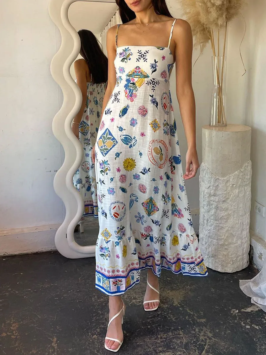 

New Fashion Womens Swing Dress Boho Style Fashion Print Square Neck Backless Spaghetti Strap Dress For Party Club S M L