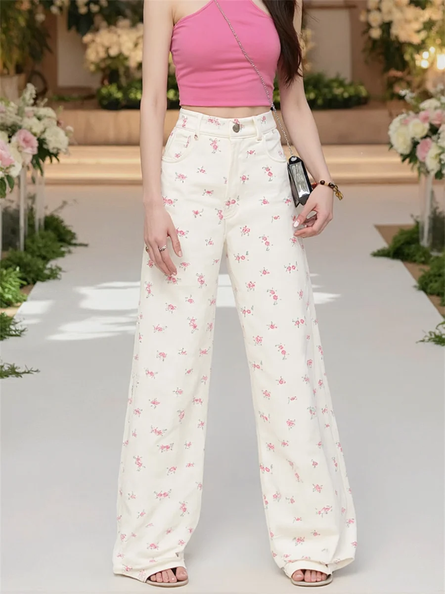 

Милые джинсы с высокой талией и цветочным принтом, мешковатые женские джинсовые брюки, женская одежда, весенняя непромокаемая прямая посадка, народная походная шикарная одежда