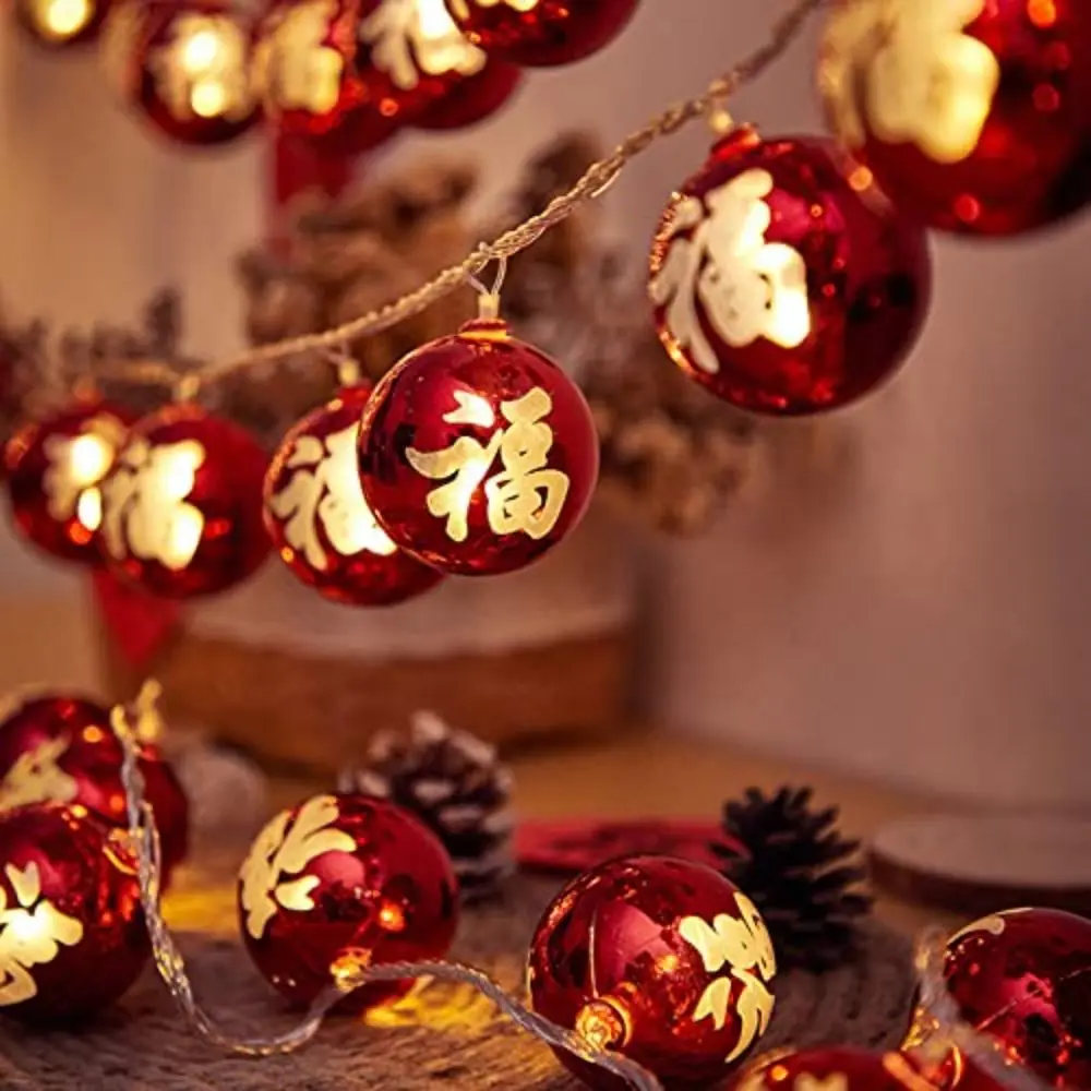Grandes cuerdas de linterna roja de Año Nuevo, bolas de plástico, iluminación LED, luces de cadena de personajes Fu, luces de cadena de ahorro de energía
